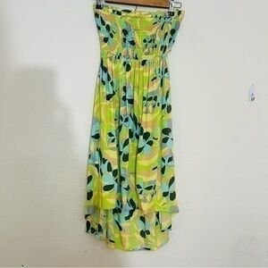 Tra Vida Floral Print Cut Back Spaghetti Strap High Low Dress M Yellow/Green